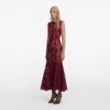 BURGUNDY GUIPURE LACE MIDI DRESS Self-portrait RS26-167MA-BU-BURGUNDY