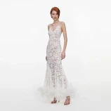 WHITE FINE LACE FEATHER MAXI DRESS Self-portrait SC26-023X-W-WHITE