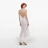 WHITE FINE LACE FEATHER MAXI DRESS Self-portrait SC26-023X-W-WHITE